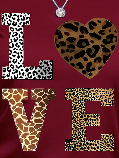 INAWLY Women's Valentine's Day Letter & Leopard Print Casual Round Neck Short Sleeve T-Shirt