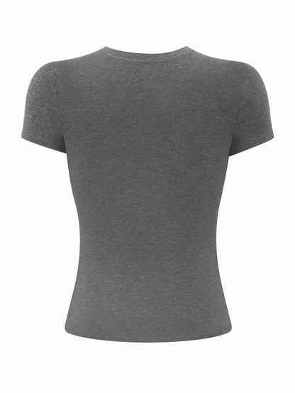 INAWLY Women Short Sleeve Solid Color Minimalist Fitted Elegant Sweet Round Neck T-Shirt