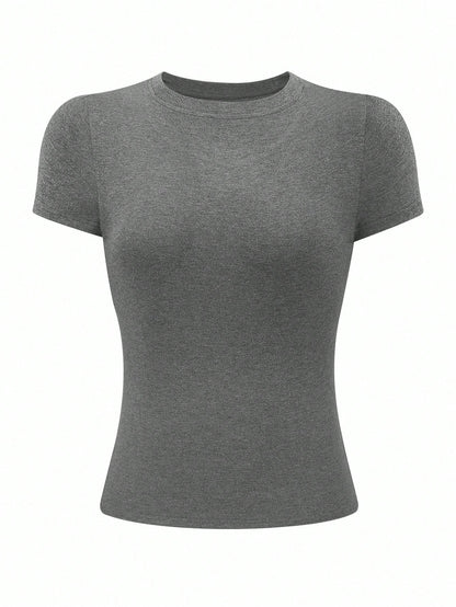 INAWLY Women Short Sleeve Solid Color Minimalist Fitted Elegant Sweet Round Neck T-Shirt