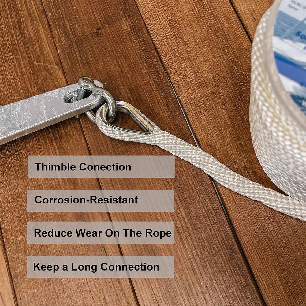 Inch Boat Anchor Rope/Line With Thimble&Shackle, 3/8\ X 50', White| Stainless Steel Thimble&Shackle With Corrosion Resistance And Dura