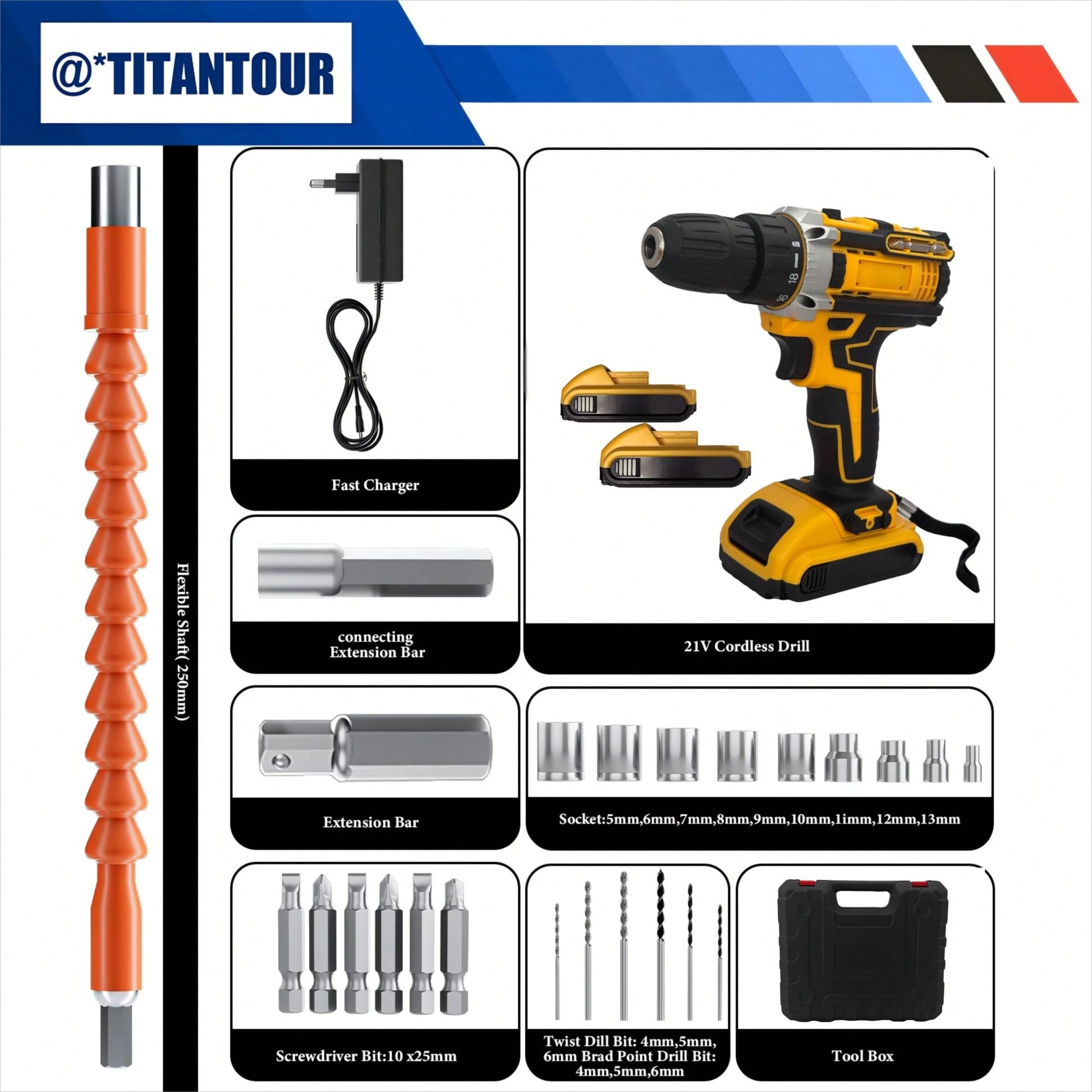 Industrial-Grade 21V Brushless Drill Set With 2*1200mAh Batteries & Fast Charger| 18+1 Speed Torque Adjustment| 10mm Keyless Chuck| 24/36pcs Chrome Vanadium Steel Bit Set| Heavy-Duty Metal Drillin