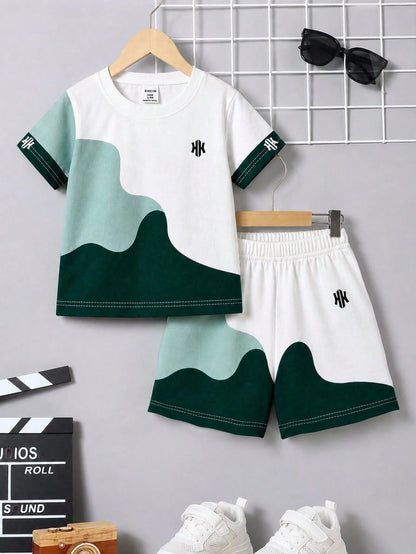 Infant Boy 6 Months-3 Years Geometric Pattern Knit Crew Neck Short Sleeve T-Shirt And Shorts Set, Multicolor Summer Casual Streetwear Toddler Clothing, Boy Summer Set Boy Clothing Infant Casual