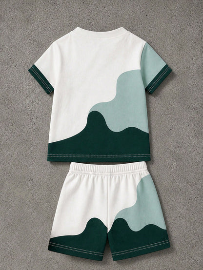 Infant Boy 6 Months-3 Years Geometric Pattern Knit Crew Neck Short Sleeve T-Shirt And Shorts Set, Multicolor Summer Casual Streetwear Toddler Clothing, Boy Summer Set Boy Clothing Infant Casual