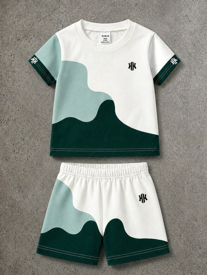 Infant Boy 6 Months-3 Years Geometric Pattern Knit Crew Neck Short Sleeve T-Shirt And Shorts Set, Multicolor Summer Casual Streetwear Toddler Clothing, Boy Summer Set Boy Clothing Infant Casual