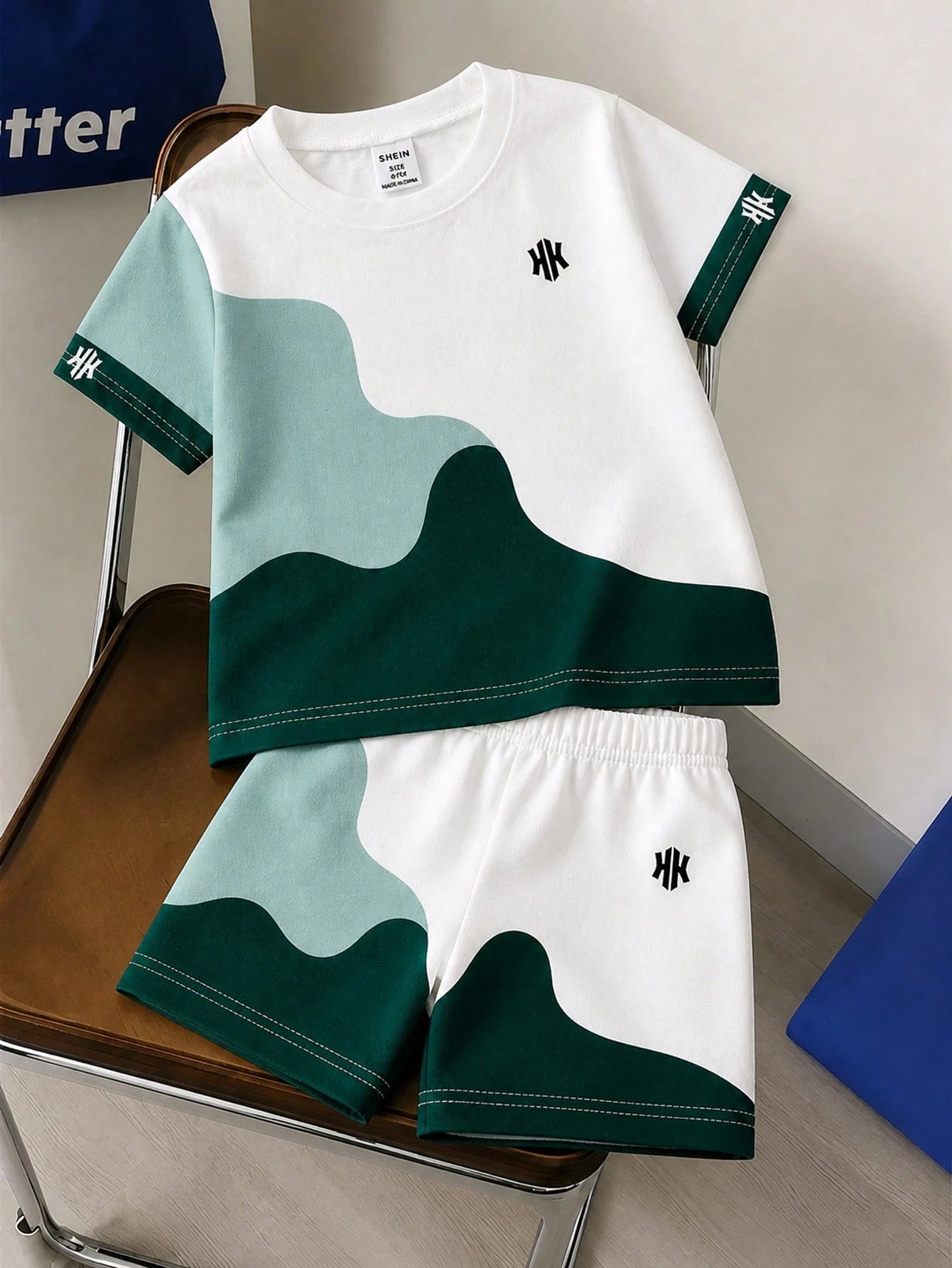 Infant Boy 6 Months-3 Years Geometric Pattern Knit Crew Neck Short Sleeve T-Shirt And Shorts Set, Multicolor Summer Casual Streetwear Toddler Clothing, Boy Summer Set Boy Clothing Infant Casual