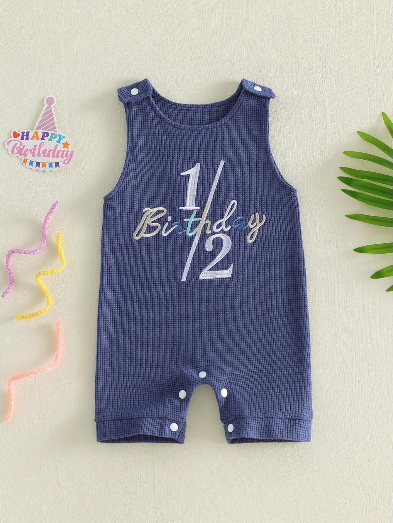 Infant Boy Summer 1/2 Birthday Romper Half Birthday Overalls Sleeveless Crew Neck Letter Number Embroidery Full Length Waffled Jumpsuit Newborn Boys 1/2 Years Old Romper