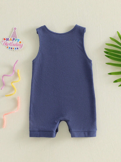 Infant Boy Summer 1/2 Birthday Romper Half Birthday Overalls Sleeveless Crew Neck Letter Number Embroidery Full Length Waffled Jumpsuit Newborn Boys 1/2 Years Old Romper