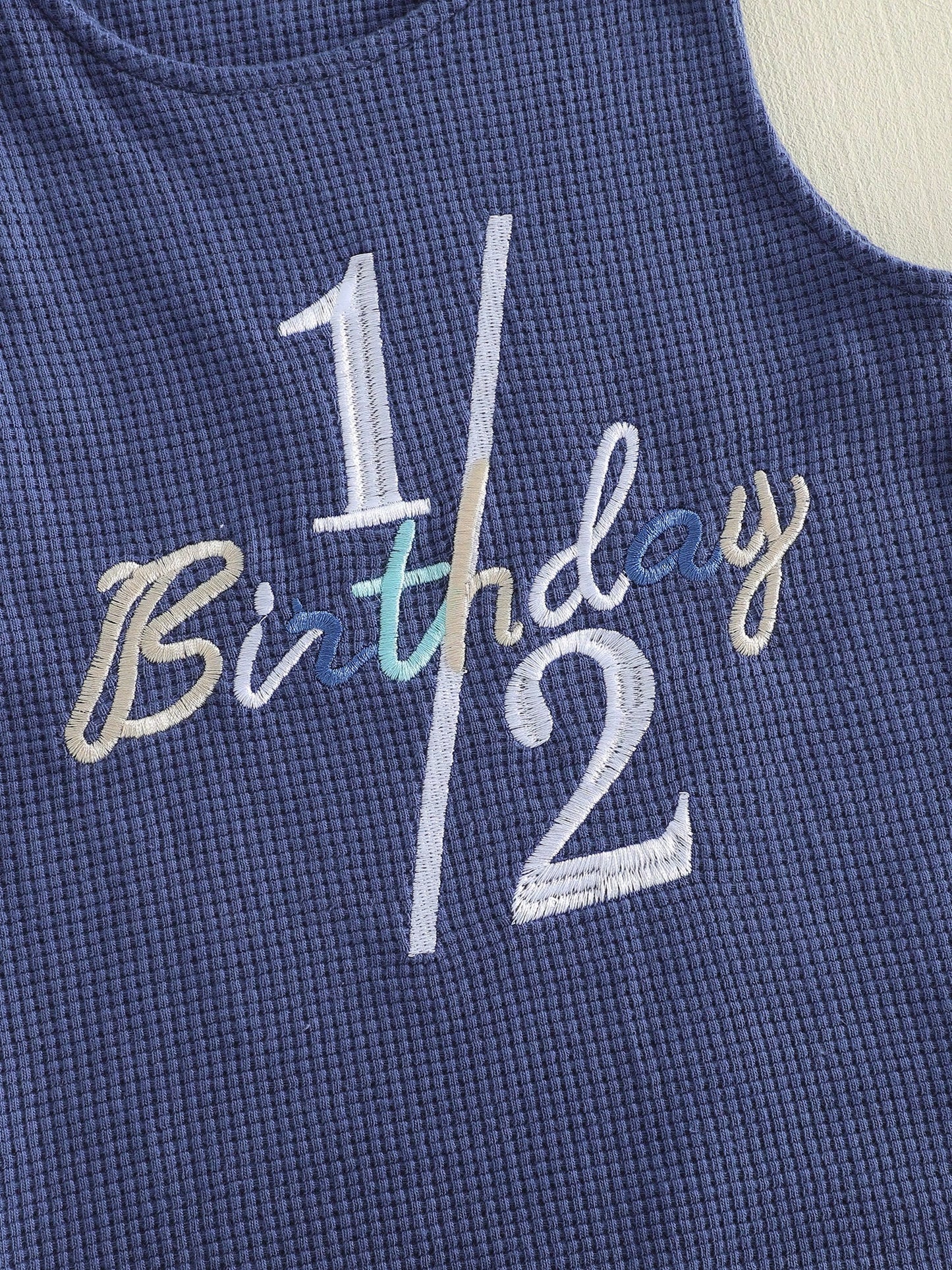 Infant Boy Summer 1/2 Birthday Romper Half Birthday Overalls Sleeveless Crew Neck Letter Number Embroidery Full Length Waffled Jumpsuit Newborn Boys 1/2 Years Old Romper