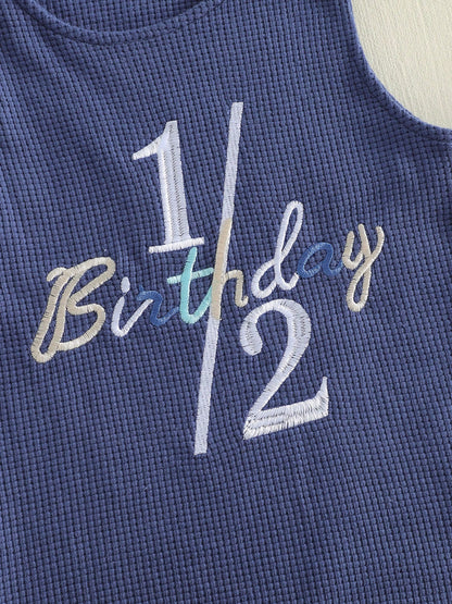 Infant Boy Summer 1/2 Birthday Romper Half Birthday Overalls Sleeveless Crew Neck Letter Number Embroidery Full Length Waffled Jumpsuit Newborn Boys 1/2 Years Old Romper