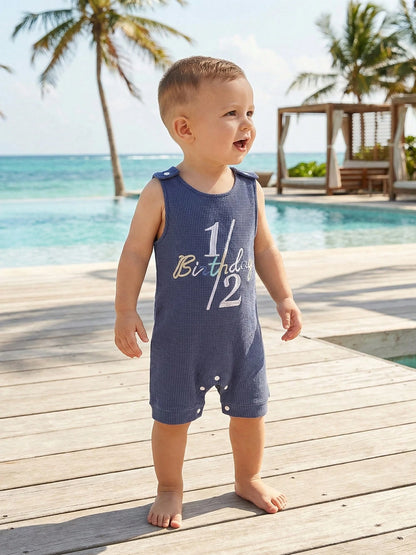 Infant Boy Summer 1/2 Birthday Romper Half Birthday Overalls Sleeveless Crew Neck Letter Number Embroidery Full Length Waffled Jumpsuit Newborn Boys 1/2 Years Old Romper