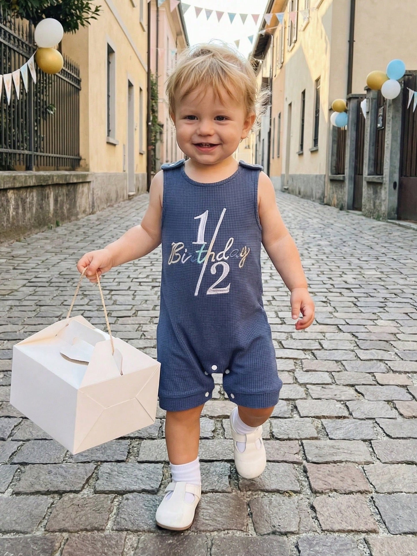 Infant Boy Summer 1/2 Birthday Romper Half Birthday Overalls Sleeveless Crew Neck Letter Number Embroidery Full Length Waffled Jumpsuit Newborn Boys 1/2 Years Old Romper