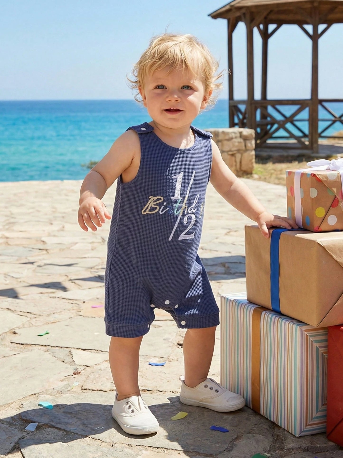 Infant Boy Summer 1/2 Birthday Romper Half Birthday Overalls Sleeveless Crew Neck Letter Number Embroidery Full Length Waffled Jumpsuit Newborn Boys 1/2 Years Old Romper