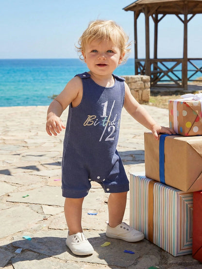 Infant Boy Summer 1/2 Birthday Romper Half Birthday Overalls Sleeveless Crew Neck Letter Number Embroidery Full Length Waffled Jumpsuit Newborn Boys 1/2 Years Old Romper