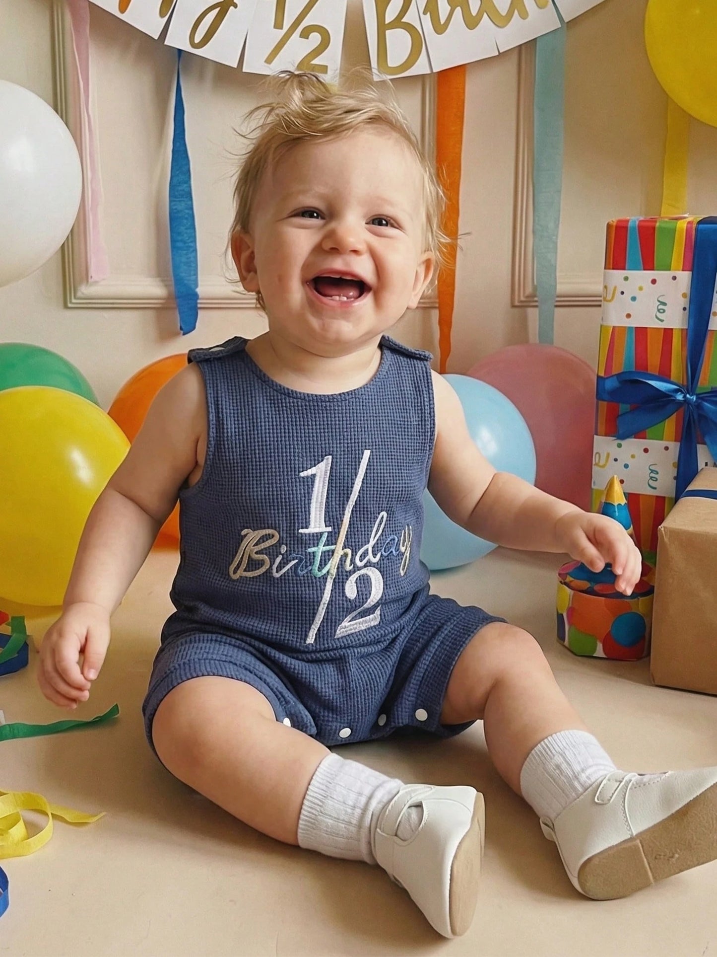 Infant Boy Summer 1/2 Birthday Romper Half Birthday Overalls Sleeveless Crew Neck Letter Number Embroidery Full Length Waffled Jumpsuit Newborn Boys 1/2 Years Old Romper