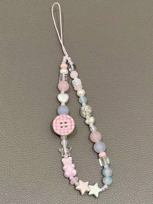 INS Pink Phone Lanyard Chain, Beaded Camera Strap Wristlet For Girls