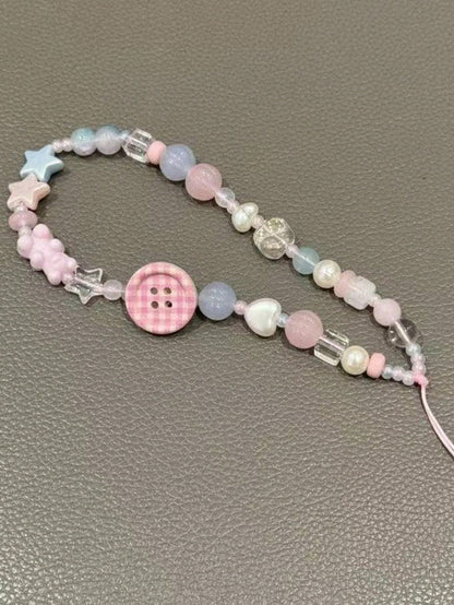 INS Pink Phone Lanyard Chain, Beaded Camera Strap Wristlet For Girls