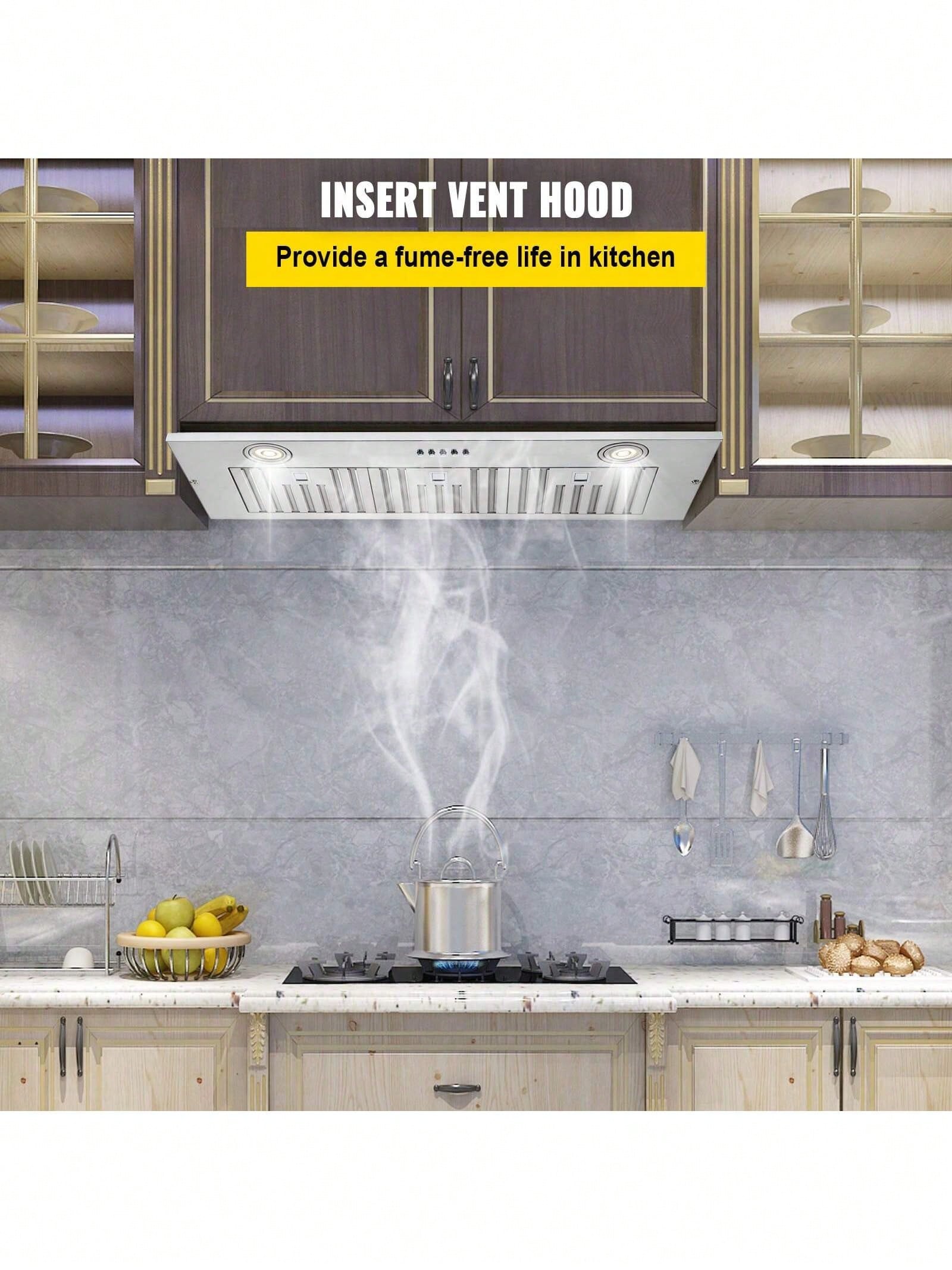 Insert Range Hood, 800CFM 3-Speed, 36 Inch Stainless Steel Built-In Kitchen Vent With Push Button Control LED Lights Baffle Filters, Ducted/Ductless Convertible, ETL Listed