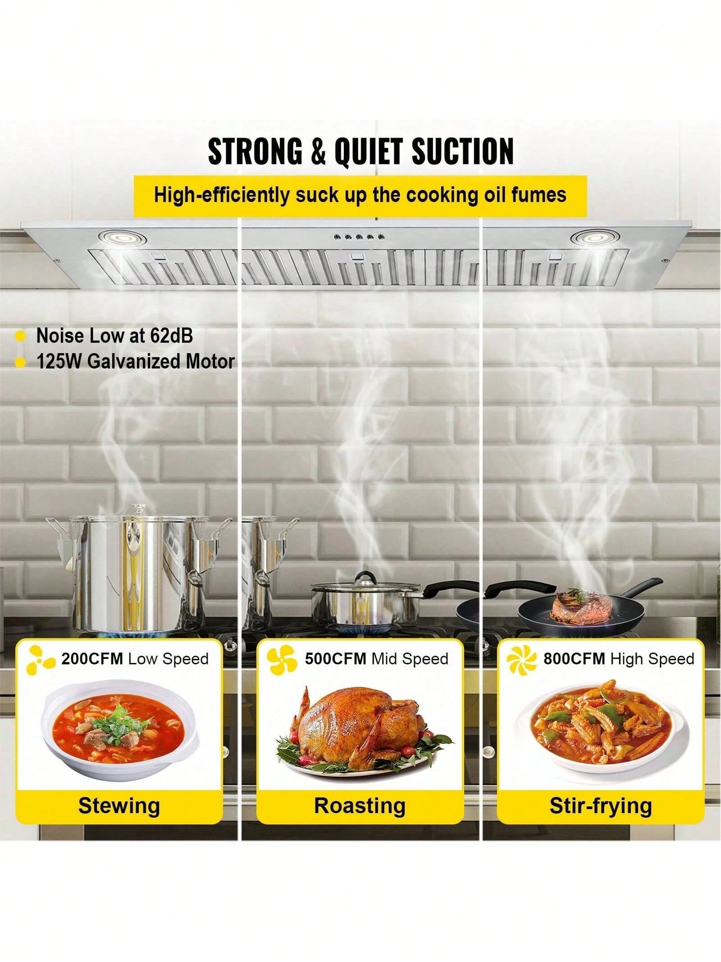 Insert Range Hood, 800CFM 3-Speed, 36 Inch Stainless Steel Built-In Kitchen Vent With Push Button Control LED Lights Baffle Filters, Ducted/Ductless Convertible, ETL Listed