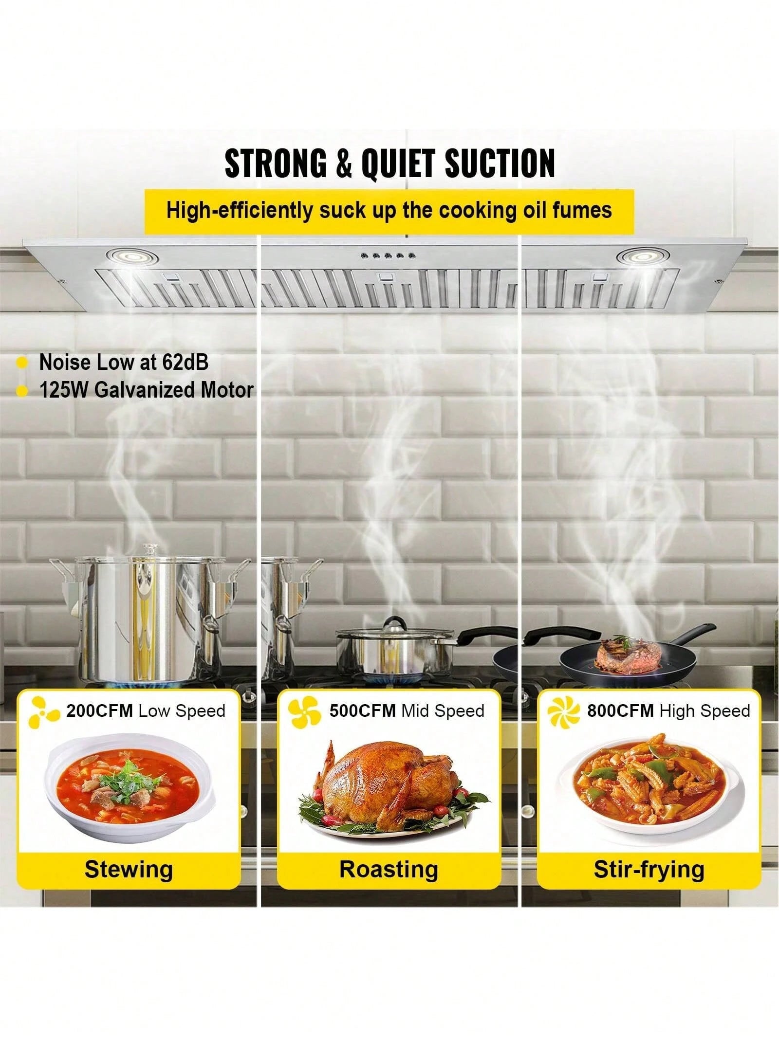 Insert Range Hood, 800CFM 3-Speed, 36 Inch Stainless Steel Built-In Kitchen Vent With Push Button Control LED Lights Baffle Filters, Ducted/Ductless Convertible, ETL Listed