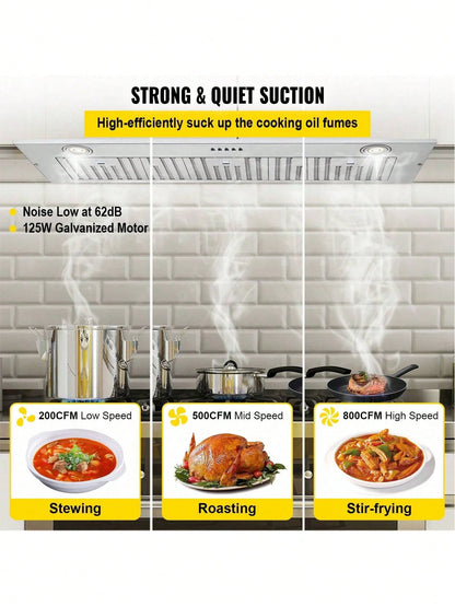 Insert Range Hood, 800CFM 3-Speed, 36 Inch Stainless Steel Built-In Kitchen Vent With Push Button Control LED Lights Baffle Filters, Ducted/Ductless Convertible, ETL Listed