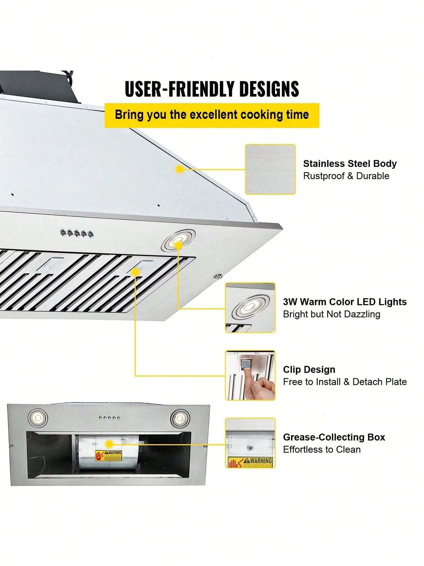 Insert Range Hood, 800CFM 3-Speed, 36 Inch Stainless Steel Built-In Kitchen Vent With Push Button Control LED Lights Baffle Filters, Ducted/Ductless Convertible, ETL Listed