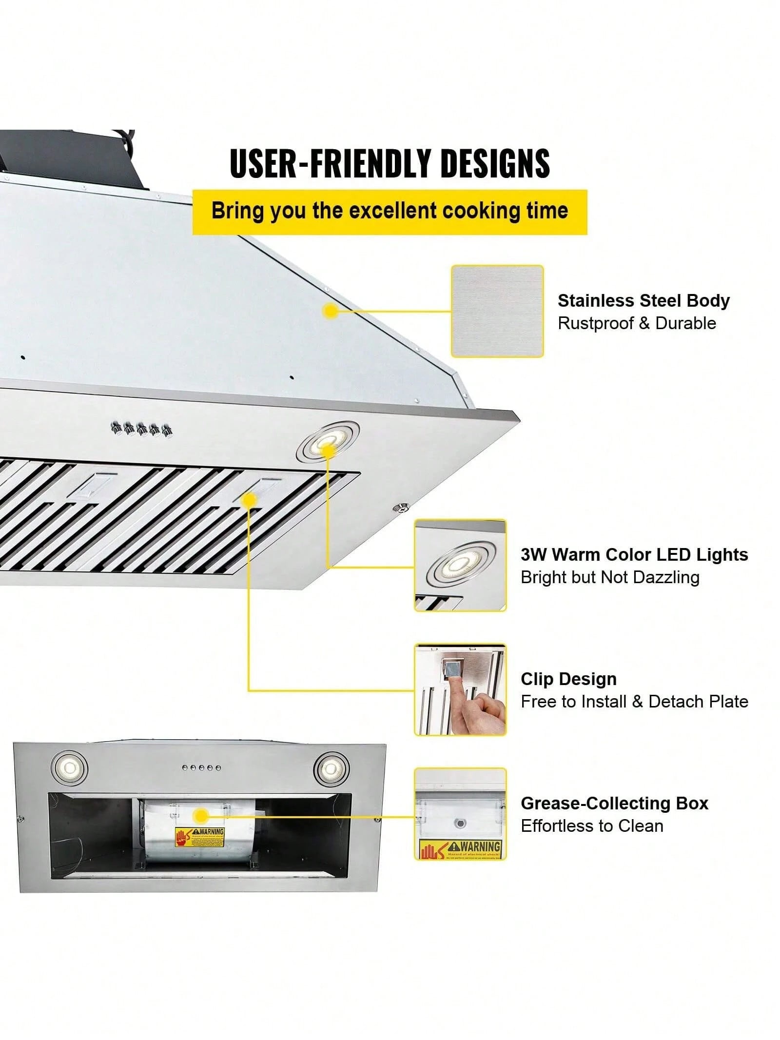 Insert Range Hood, 800CFM 3-Speed, 36 Inch Stainless Steel Built-In Kitchen Vent With Push Button Control LED Lights Baffle Filters, Ducted/Ductless Convertible, ETL Listed