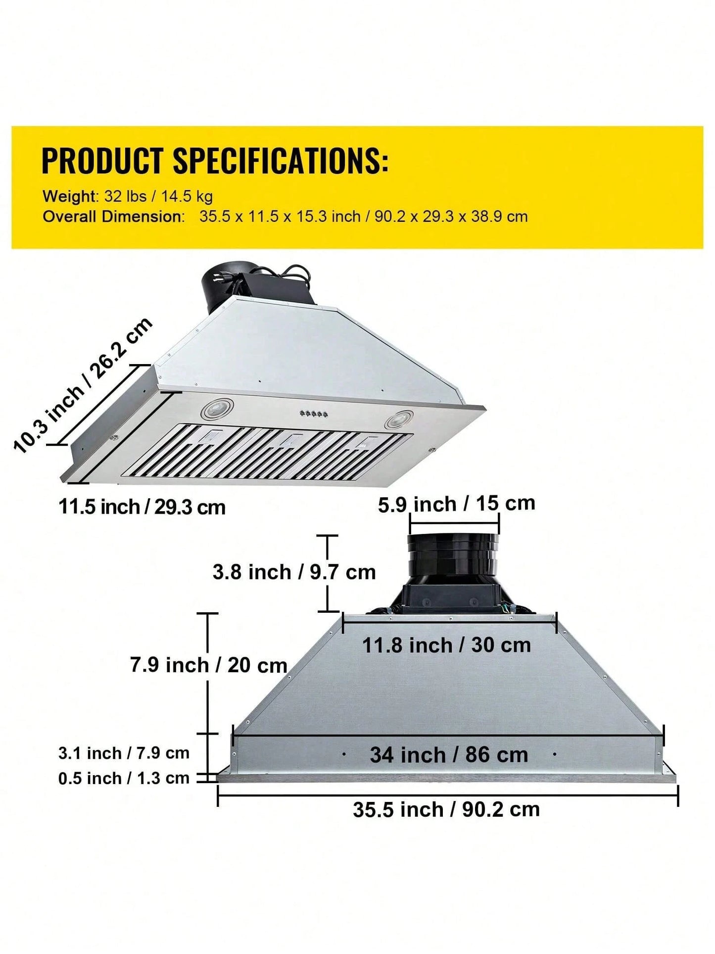 Insert Range Hood, 800CFM 3-Speed, 36 Inch Stainless Steel Built-In Kitchen Vent With Push Button Control LED Lights Baffle Filters, Ducted/Ductless Convertible, ETL Listed