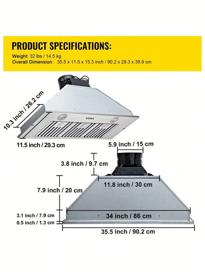 Insert Range Hood, 800CFM 3-Speed, 36 Inch Stainless Steel Built-In Kitchen Vent With Push Button Control LED Lights Baffle Filters, Ducted/Ductless Convertible, ETL Listed