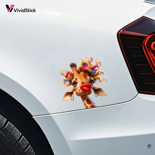 Interesting Curly Giraffe Car Stickers Cute Cartoon Giraffe Colorful Hair Clip Red Lips Vinyl Stickers Detachable Decorative Stickers Suitable For Car Windows, Cars, Trucks