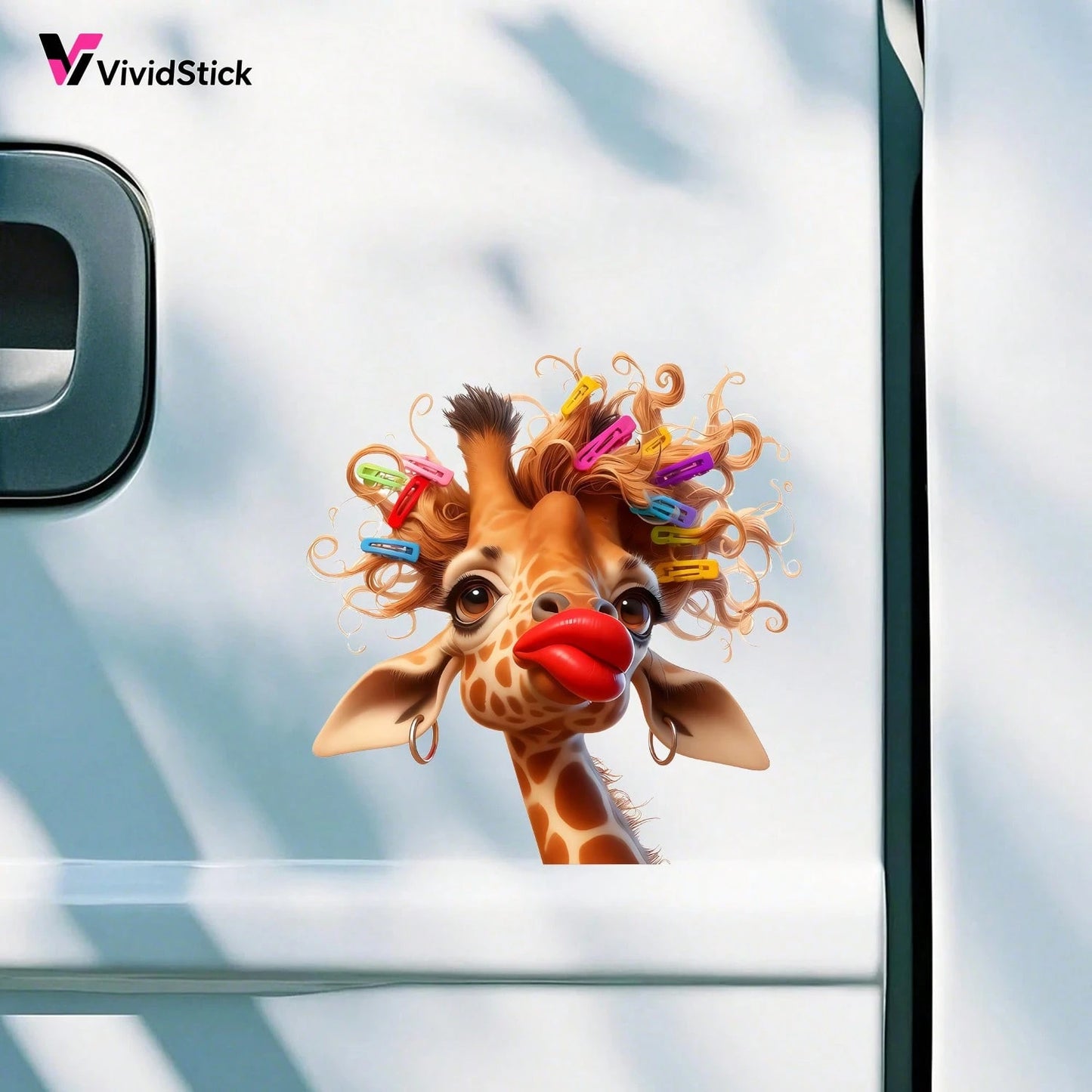 Interesting Curly Giraffe Car Stickers Cute Cartoon Giraffe Colorful Hair Clip Red Lips Vinyl Stickers Detachable Decorative Stickers Suitable For Car Windows, Cars, Trucks