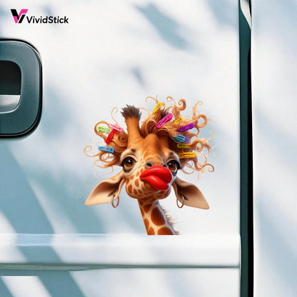 Interesting Curly Giraffe Car Stickers Cute Cartoon Giraffe Colorful Hair Clip Red Lips Vinyl Stickers Detachable Decorative Stickers Suitable For Car Windows, Cars, Trucks