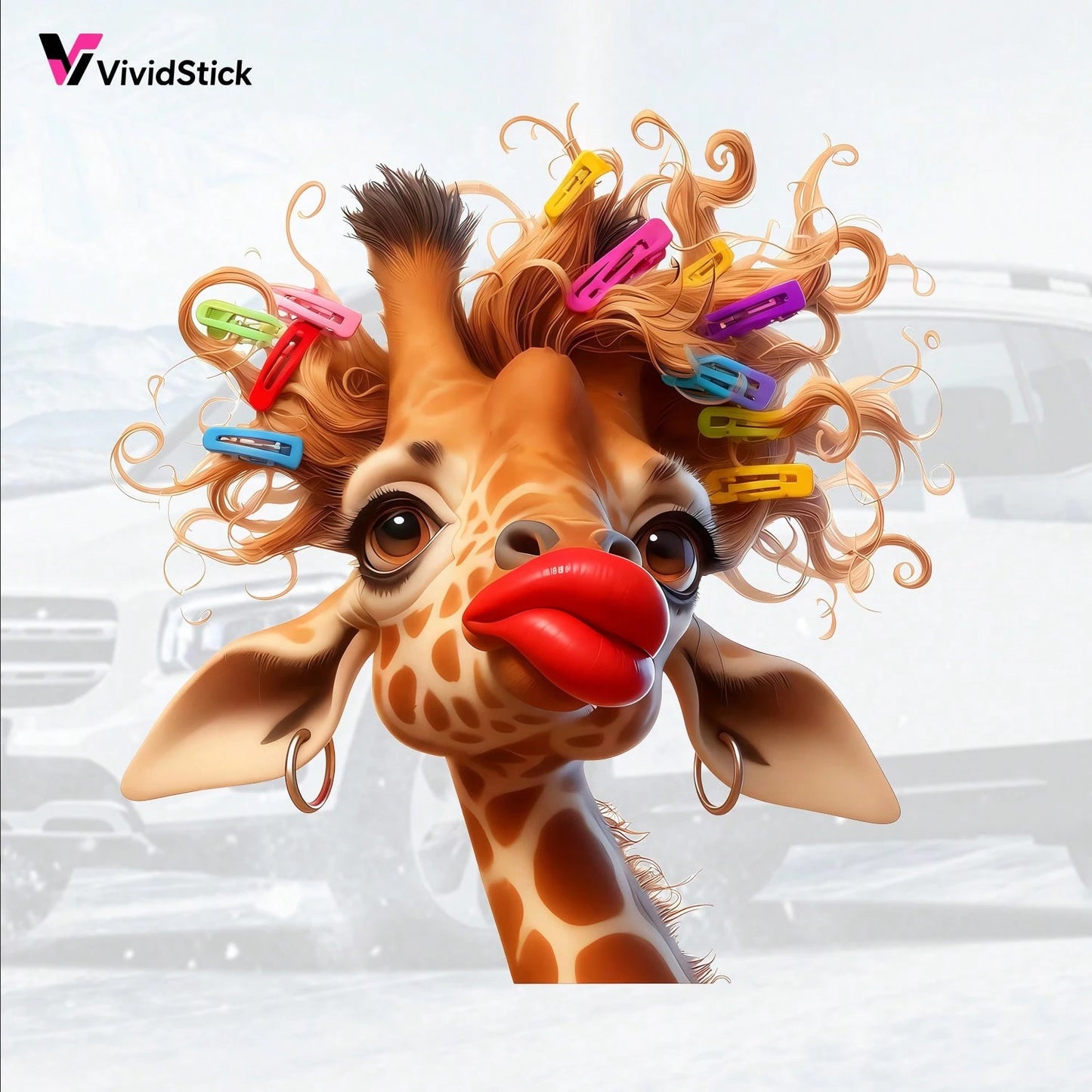 Interesting Curly Giraffe Car Stickers Cute Cartoon Giraffe Colorful Hair Clip Red Lips Vinyl Stickers Detachable Decorative Stickers Suitable For Car Windows, Cars, Trucks