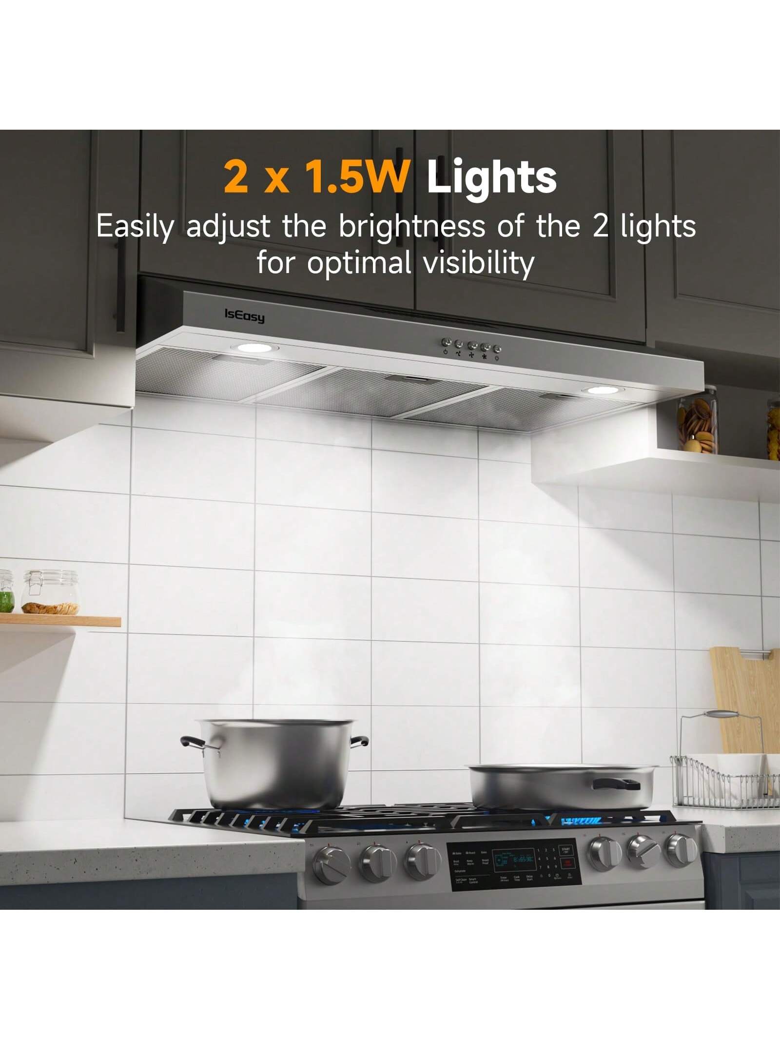 IsEasy Range Hood 36 Inch Kitchen Hood Under Cabinet Range Hood, Ductless/Ducted Convertible, Slim Stove Vent Hood 36 Inch With 3 Speed Exhaust Fan, Stainless Steel Range Hoods