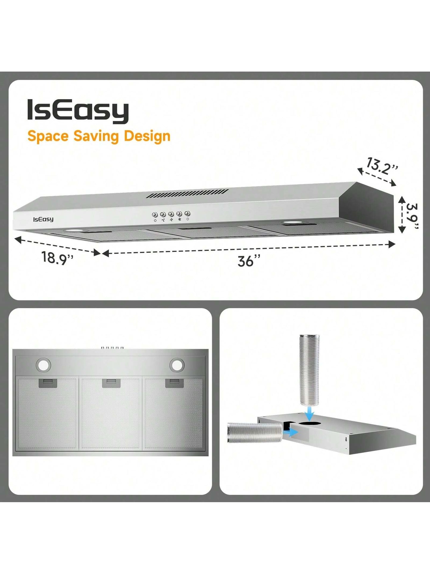 IsEasy Range Hood 36 Inch Kitchen Hood Under Cabinet Range Hood, Ductless/Ducted Convertible, Slim Stove Vent Hood 36 Inch With 3 Speed Exhaust Fan, Stainless Steel Range Hoods