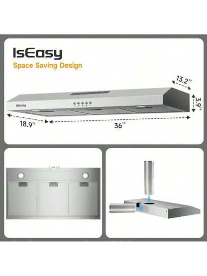 IsEasy Range Hood 36 Inch Kitchen Hood Under Cabinet Range Hood, Ductless/Ducted Convertible, Slim Stove Vent Hood 36 Inch With 3 Speed Exhaust Fan, Stainless Steel Range Hoods