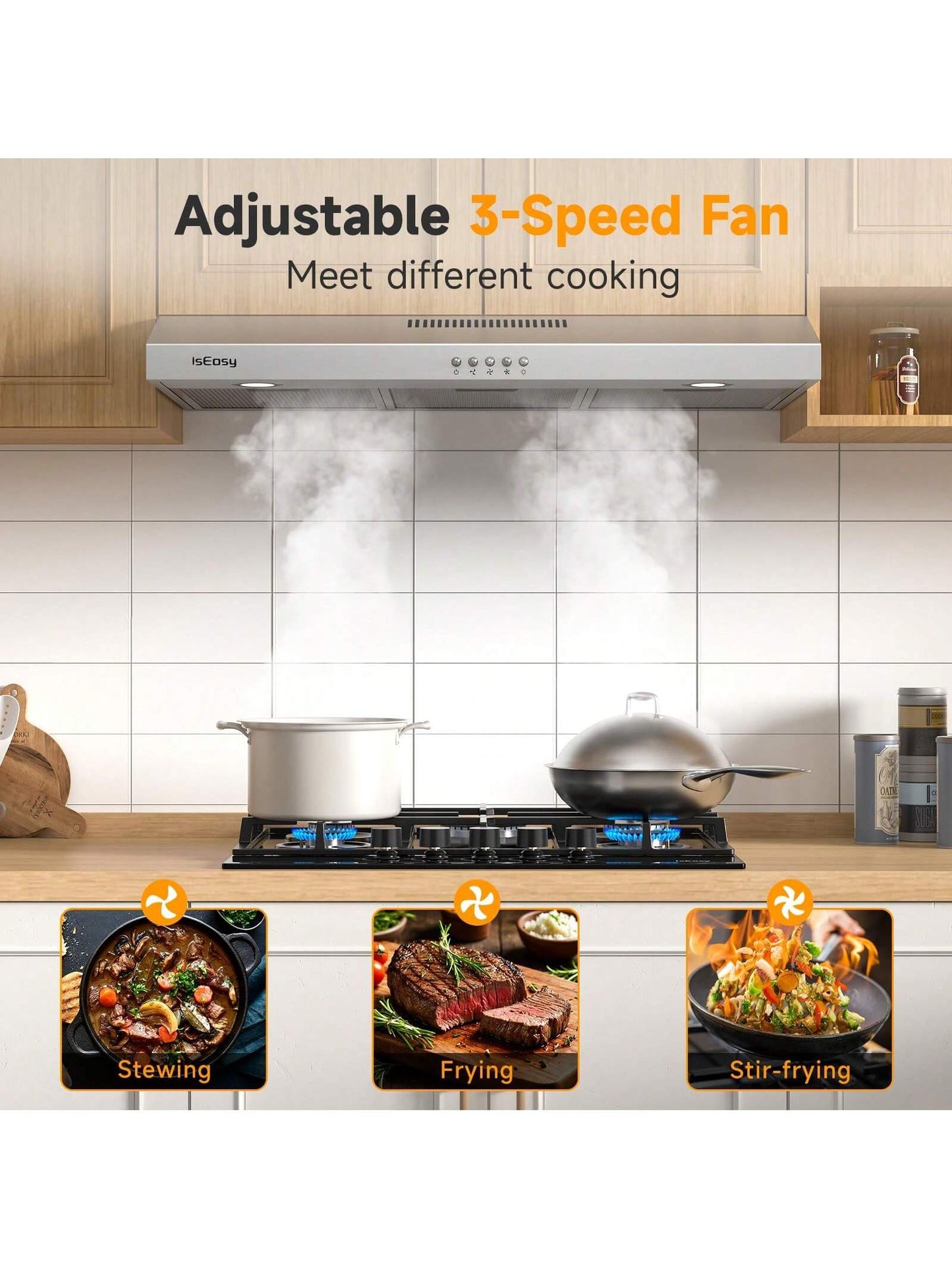 IsEasy Range Hood 36 Inch Kitchen Hood Under Cabinet Range Hood, Ductless/Ducted Convertible, Slim Stove Vent Hood 36 Inch With 3 Speed Exhaust Fan, Stainless Steel Range Hoods