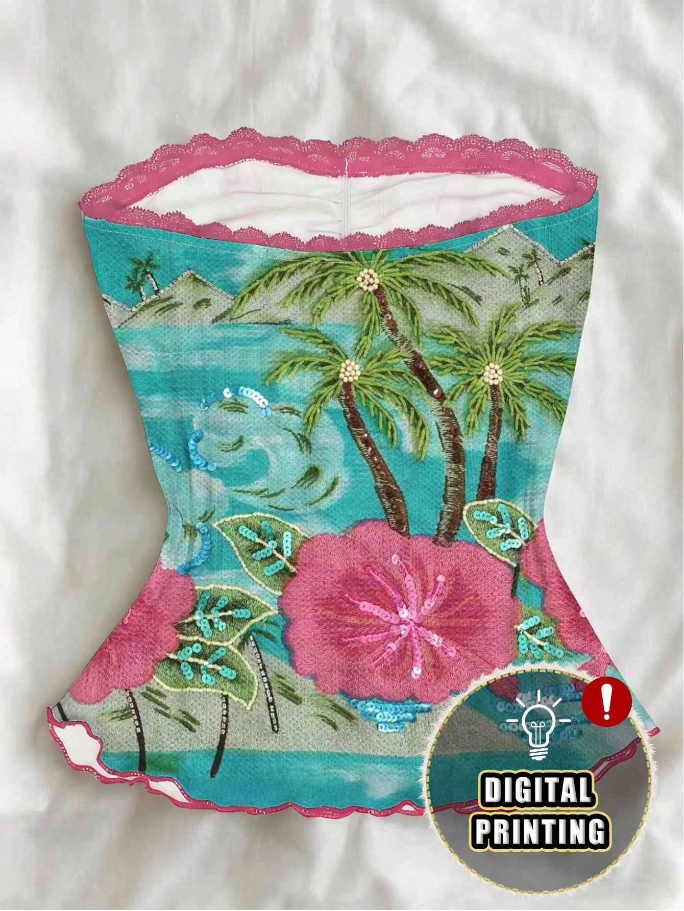IslaSuriya 2026 Summer Women Tropical Palm Tree Embroidered Strapless Tube Top Beaded Lace Trim Vacation Cami Top For Beach