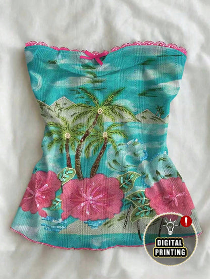 IslaSuriya 2026 Summer Women Tropical Palm Tree Embroidered Strapless Tube Top Beaded Lace Trim Vacation Cami Top For Beach