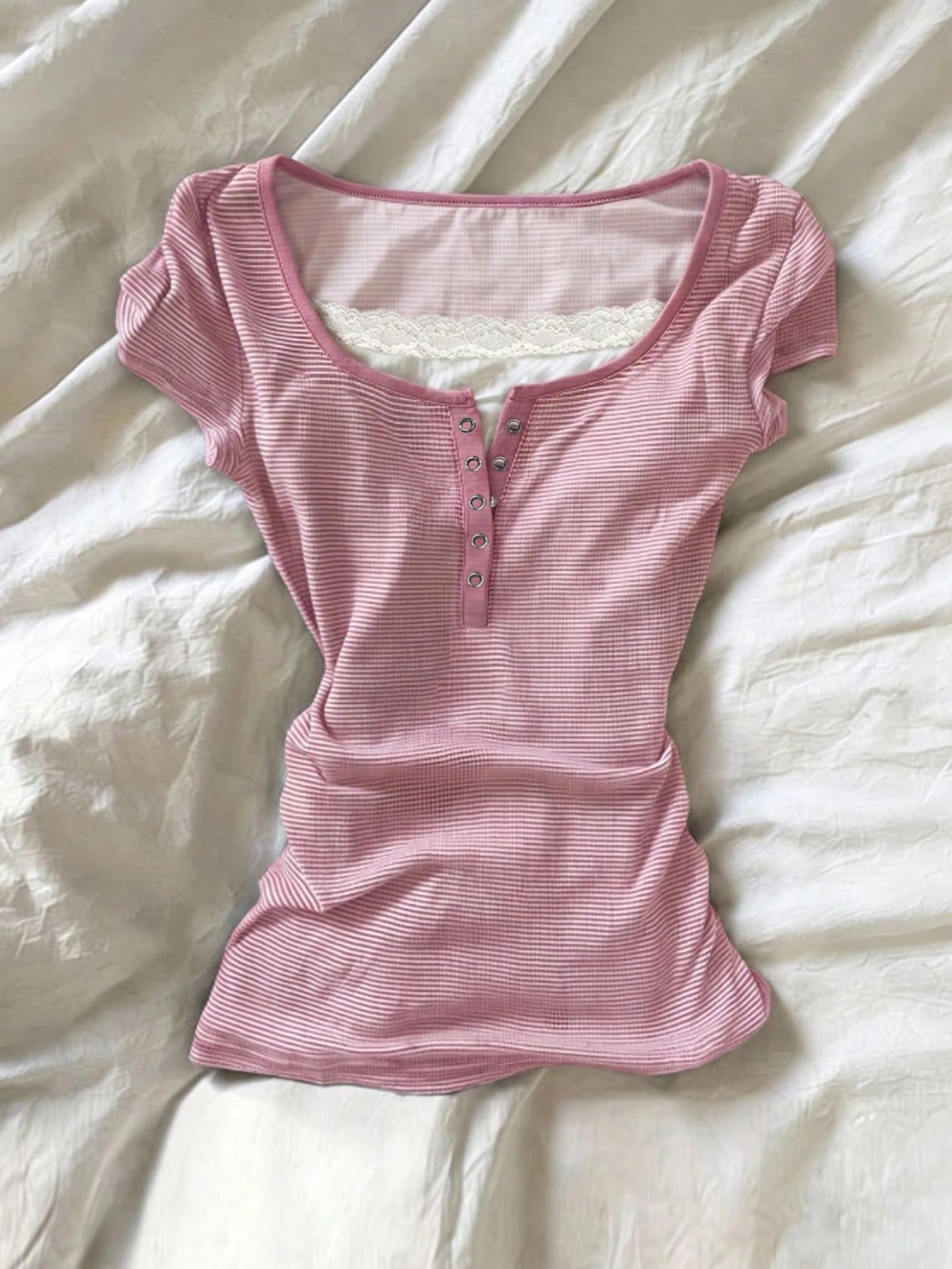IslaSuriya Digital Print 2 In 1 Lace Trim Women Short Sleeve T-Shirt