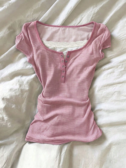 IslaSuriya Digital Print 2 In 1 Lace Trim Women Short Sleeve T-Shirt
