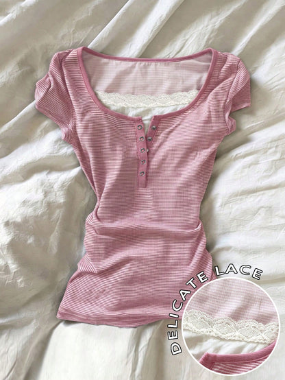 IslaSuriya Digital Print 2 In 1 Lace Trim Women Short Sleeve T-Shirt