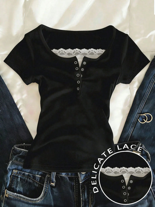 IslaSuriya Lace Trim Specialty 2-Way Zipper Front Short Sleeve T-Shirt For Women