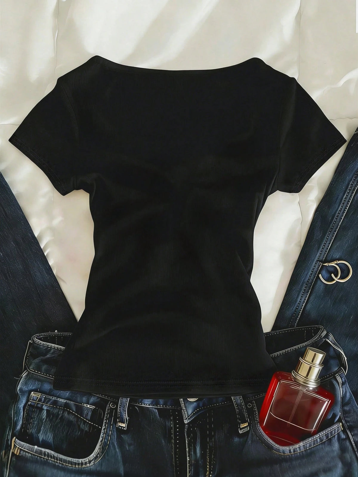IslaSuriya Lace Trim Specialty 2-Way Zipper Front Short Sleeve T-Shirt For Women