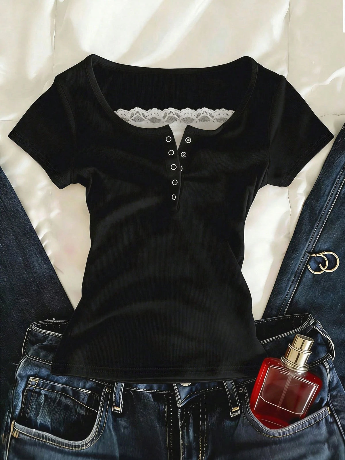 IslaSuriya Lace Trim Specialty 2-Way Zipper Front Short Sleeve T-Shirt For Women