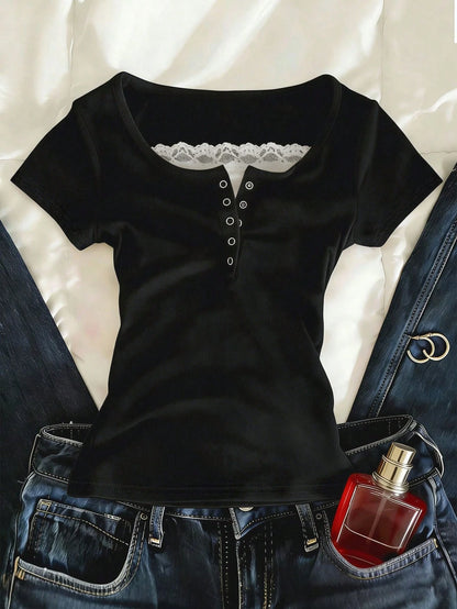 IslaSuriya Lace Trim Specialty 2-Way Zipper Front Short Sleeve T-Shirt For Women