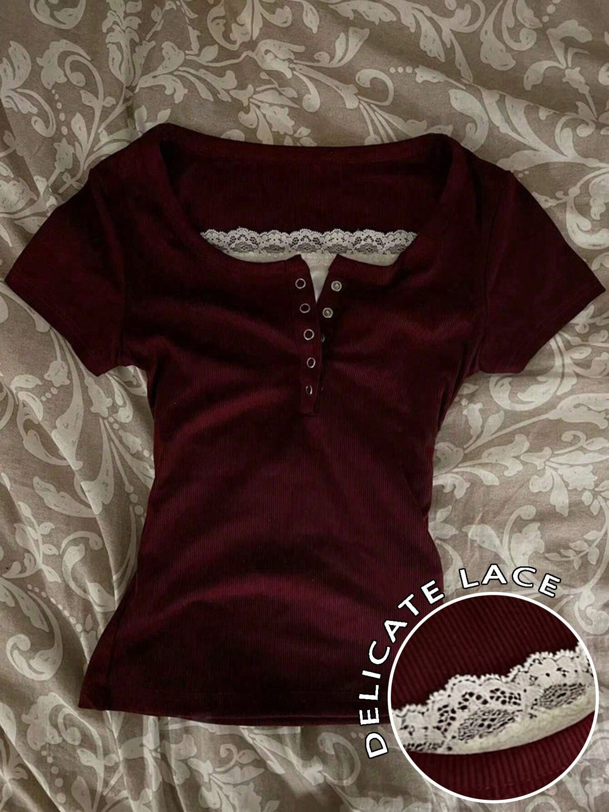 IslaSuriya Lace Trim Specialty 2-Way Zipper Front Short Sleeve T-Shirt For Women