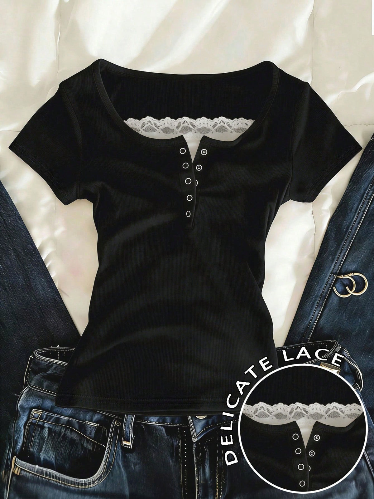IslaSuriya Lace Trim Specialty 2-Way Zipper Front Short Sleeve T-Shirt For Women