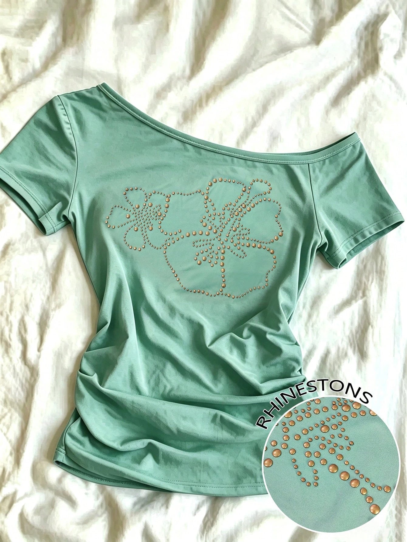 IslaSuriya Plus Size Summer Casual Rhinestone Decor Asymmetric Collar T-Shirt