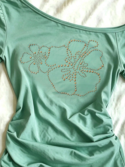 IslaSuriya Plus Size Summer Casual Rhinestone Decor Asymmetric Collar T-Shirt