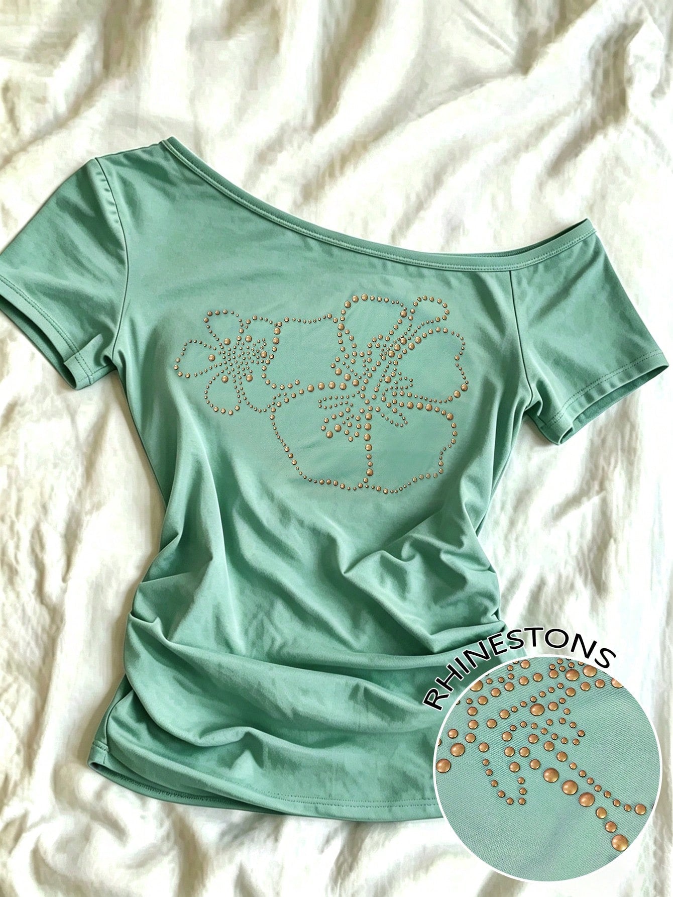 IslaSuriya Plus Size Summer Casual Rhinestone Decor Asymmetric Collar T-Shirt